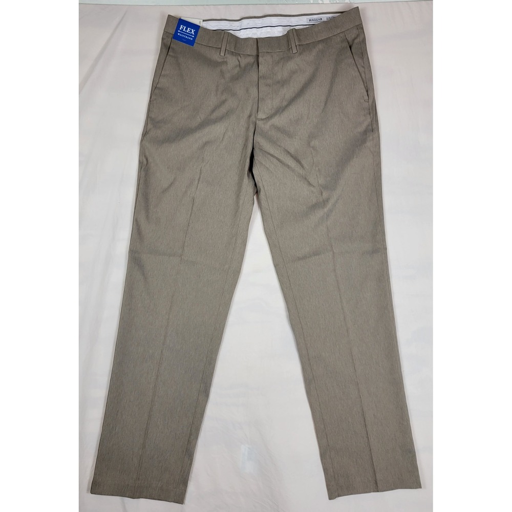 Haggar Mens 36x30 Slim Straight All Day Comfort Flex Waist Pants Oatmeal HD50233